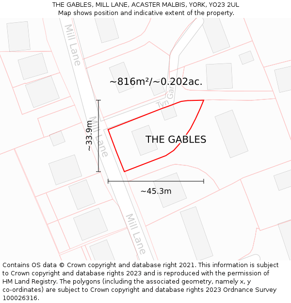 THE GABLES, MILL LANE, ACASTER MALBIS, YORK, YO23 2UL: Plot and title map