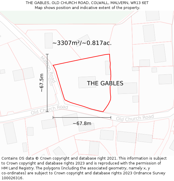 THE GABLES, OLD CHURCH ROAD, COLWALL, MALVERN, WR13 6ET: Plot and title map