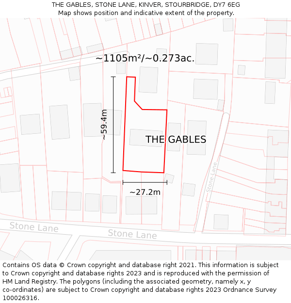 THE GABLES, STONE LANE, KINVER, STOURBRIDGE, DY7 6EG: Plot and title map