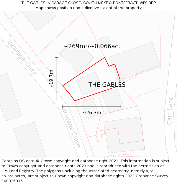 THE GABLES, VICARAGE CLOSE, SOUTH KIRKBY, PONTEFRACT, WF9 3BP: Plot and title map