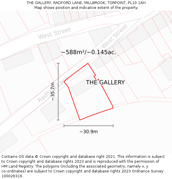 THE GALLERY, RADFORD LANE, MILLBROOK, TORPOINT, PL10 1AH: Plot and title map