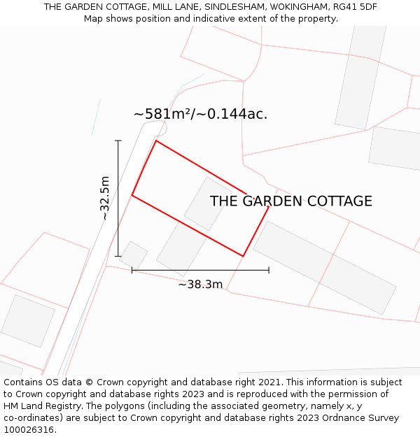 THE GARDEN COTTAGE, MILL LANE, SINDLESHAM, WOKINGHAM, RG41 5DF: Plot and title map