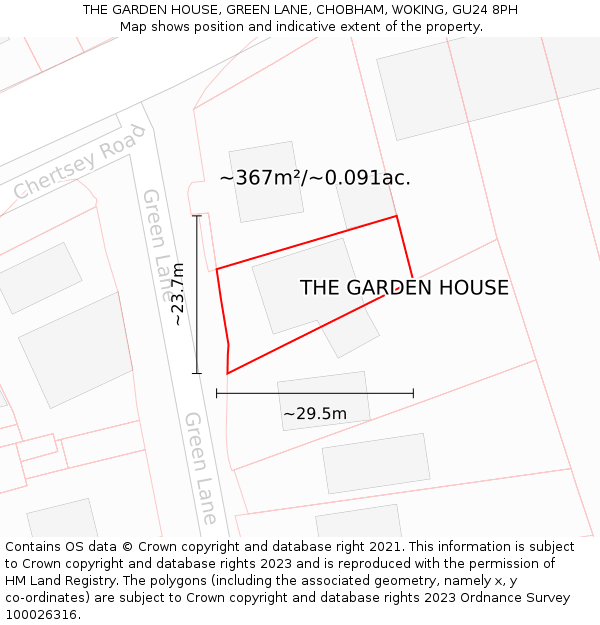 THE GARDEN HOUSE, GREEN LANE, CHOBHAM, WOKING, GU24 8PH: Plot and title map