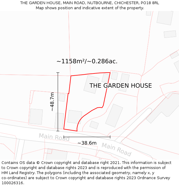 THE GARDEN HOUSE, MAIN ROAD, NUTBOURNE, CHICHESTER, PO18 8RL: Plot and title map