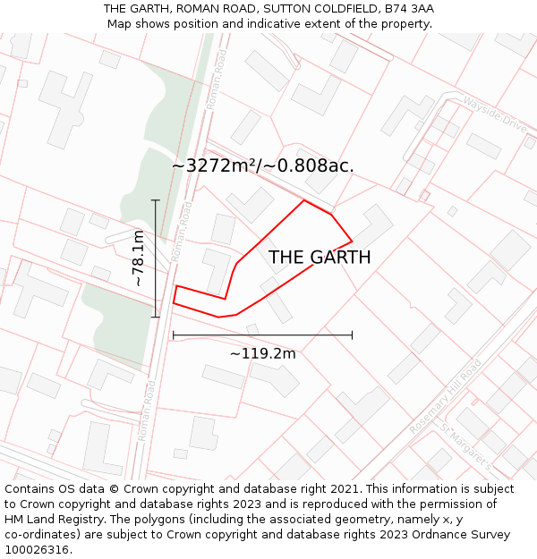 THE GARTH, ROMAN ROAD, SUTTON COLDFIELD, B74 3AA: Plot and title map