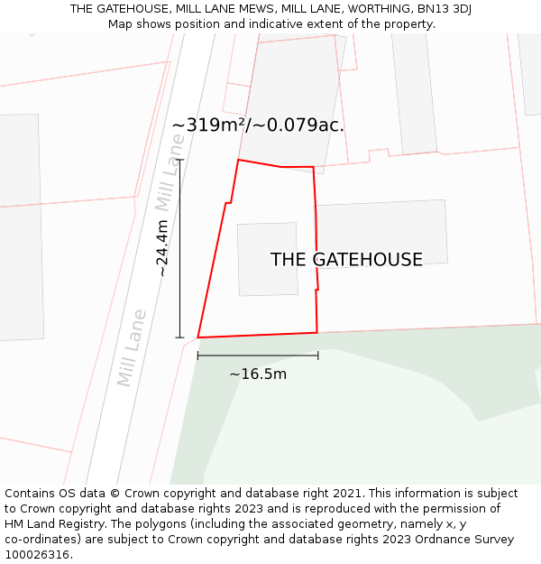 THE GATEHOUSE, MILL LANE MEWS, MILL LANE, WORTHING, BN13 3DJ: Plot and title map