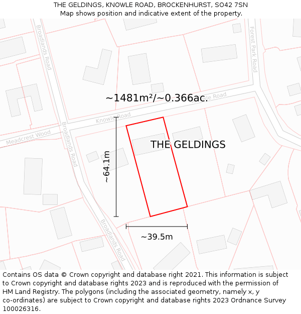 THE GELDINGS, KNOWLE ROAD, BROCKENHURST, SO42 7SN: Plot and title map