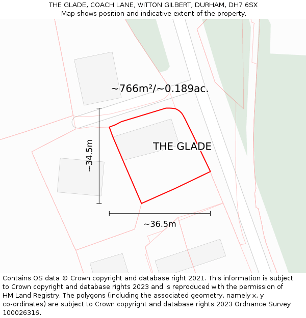 THE GLADE, COACH LANE, WITTON GILBERT, DURHAM, DH7 6SX: Plot and title map