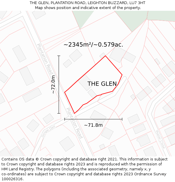 THE GLEN, PLANTATION ROAD, LEIGHTON BUZZARD, LU7 3HT: Plot and title map