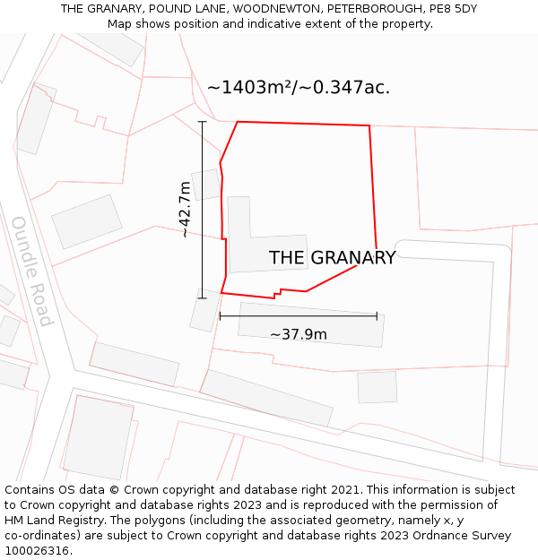 THE GRANARY, POUND LANE, WOODNEWTON, PETERBOROUGH, PE8 5DY: Plot and title map