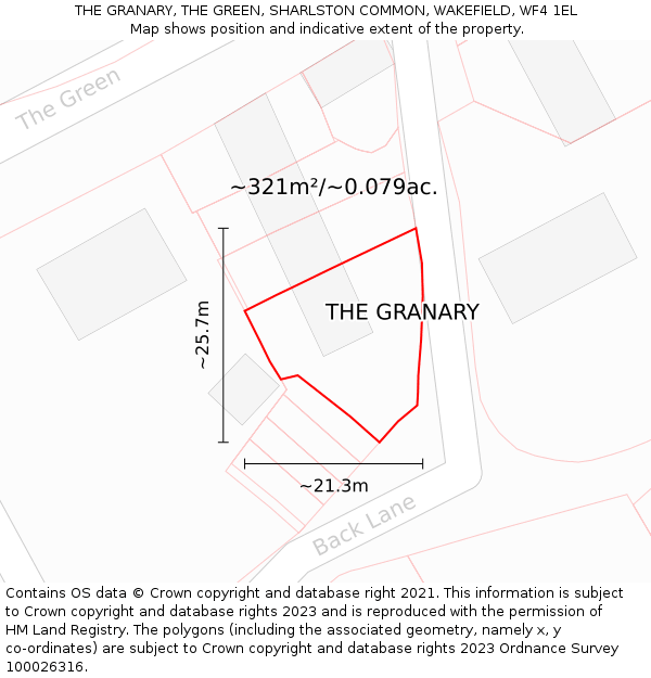 THE GRANARY, THE GREEN, SHARLSTON COMMON, WAKEFIELD, WF4 1EL: Plot and title map