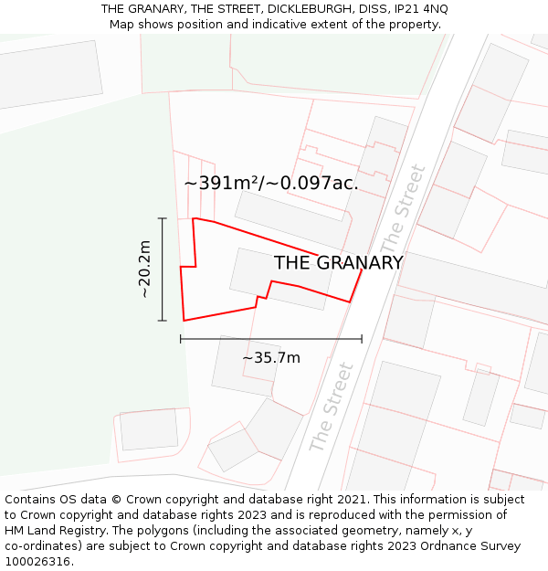 THE GRANARY, THE STREET, DICKLEBURGH, DISS, IP21 4NQ: Plot and title map