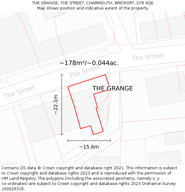 THE GRANGE, THE STREET, CHARMOUTH, BRIDPORT, DT6 6QE: Plot and title map