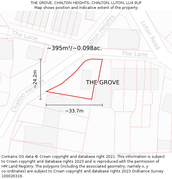 THE GROVE, CHALTON HEIGHTS, CHALTON, LUTON, LU4 9UF: Plot and title map