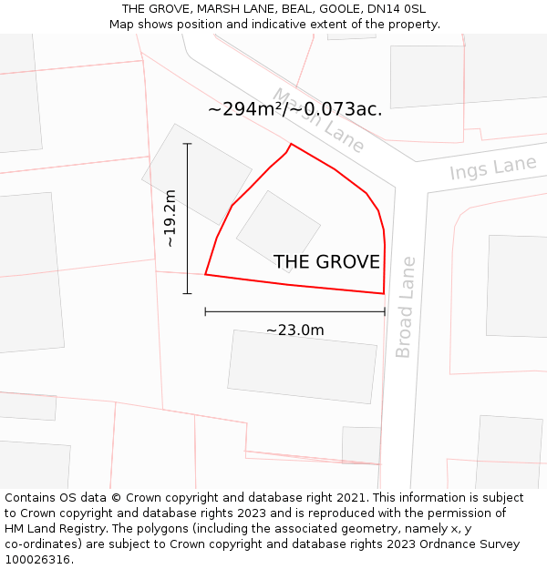 THE GROVE, MARSH LANE, BEAL, GOOLE, DN14 0SL: Plot and title map