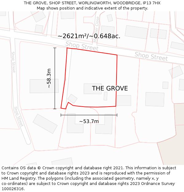 THE GROVE, SHOP STREET, WORLINGWORTH, WOODBRIDGE, IP13 7HX: Plot and title map