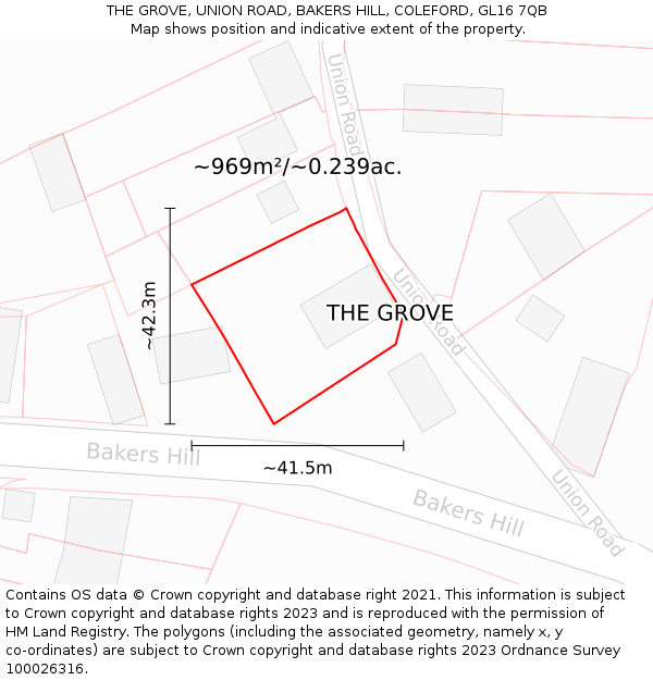 THE GROVE, UNION ROAD, BAKERS HILL, COLEFORD, GL16 7QB: Plot and title map