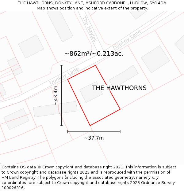 THE HAWTHORNS, DONKEY LANE, ASHFORD CARBONEL, LUDLOW, SY8 4DA: Plot and title map