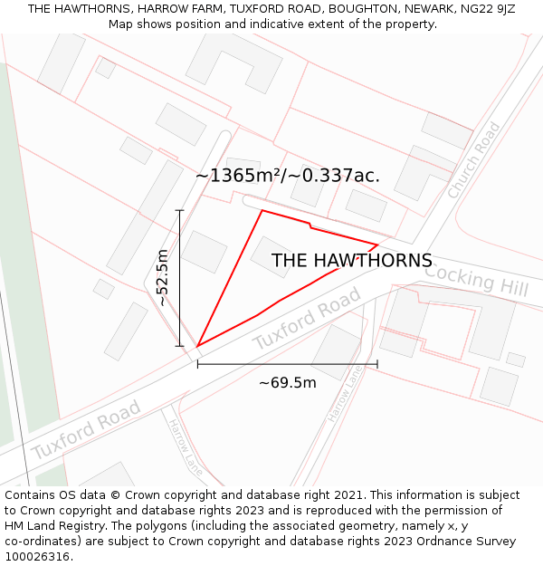 THE HAWTHORNS, HARROW FARM, TUXFORD ROAD, BOUGHTON, NEWARK, NG22 9JZ: Plot and title map