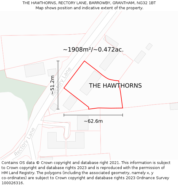 THE HAWTHORNS, RECTORY LANE, BARROWBY, GRANTHAM, NG32 1BT: Plot and title map