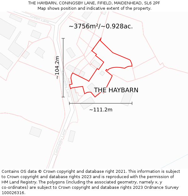 THE HAYBARN, CONINGSBY LANE, FIFIELD, MAIDENHEAD, SL6 2PF: Plot and title map