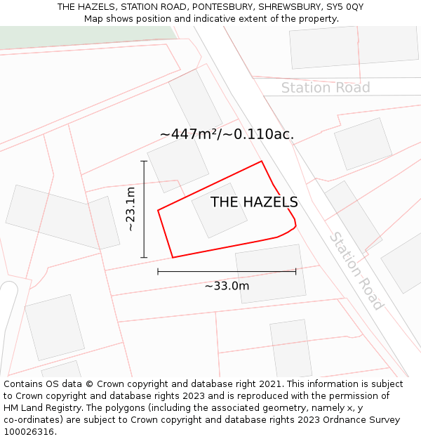 THE HAZELS, STATION ROAD, PONTESBURY, SHREWSBURY, SY5 0QY: Plot and title map