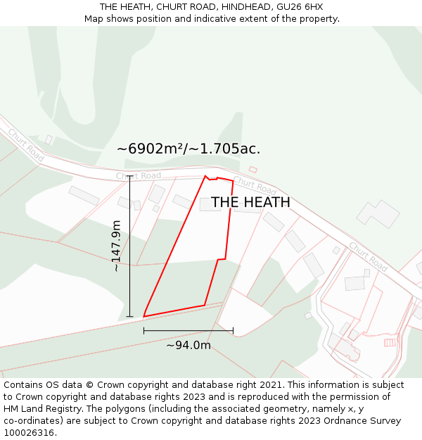 THE HEATH, CHURT ROAD, HINDHEAD, GU26 6HX: Plot and title map