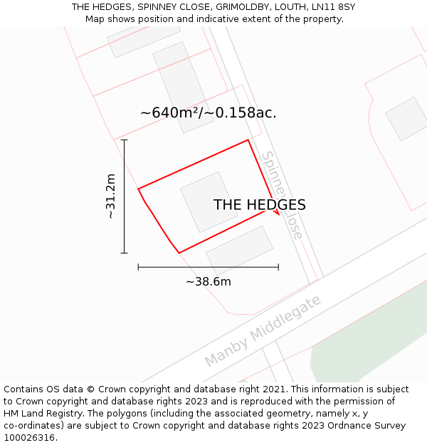 THE HEDGES, SPINNEY CLOSE, GRIMOLDBY, LOUTH, LN11 8SY: Plot and title map