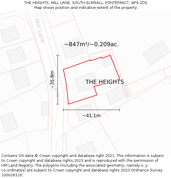 THE HEIGHTS, MILL LANE, SOUTH ELMSALL, PONTEFRACT, WF9 2DS: Plot and title map