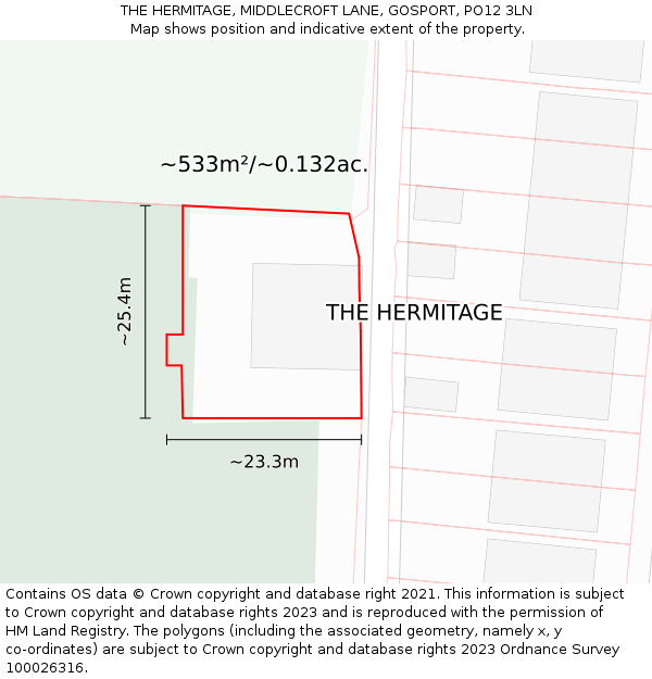 THE HERMITAGE, MIDDLECROFT LANE, GOSPORT, PO12 3LN: Plot and title map