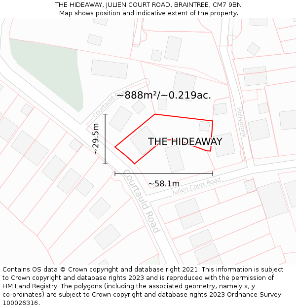 THE HIDEAWAY, JULIEN COURT ROAD, BRAINTREE, CM7 9BN: Plot and title map