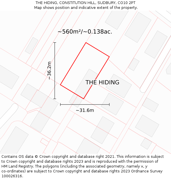 THE HIDING, CONSTITUTION HILL, SUDBURY, CO10 2PT: Plot and title map