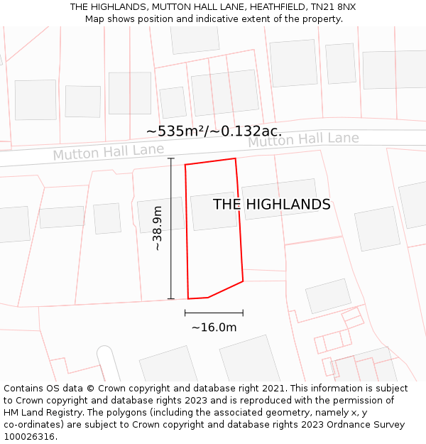 THE HIGHLANDS, MUTTON HALL LANE, HEATHFIELD, TN21 8NX: Plot and title map