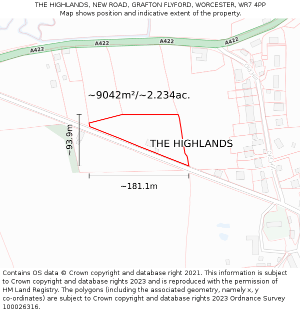 THE HIGHLANDS, NEW ROAD, GRAFTON FLYFORD, WORCESTER, WR7 4PP: Plot and title map