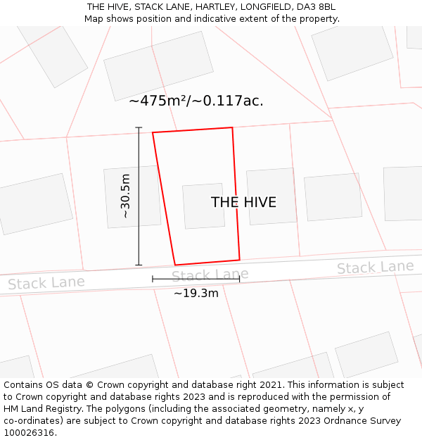 THE HIVE, STACK LANE, HARTLEY, LONGFIELD, DA3 8BL: Plot and title map