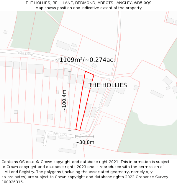 THE HOLLIES, BELL LANE, BEDMOND, ABBOTS LANGLEY, WD5 0QS: Plot and title map