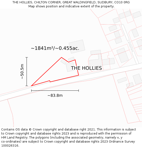 THE HOLLIES, CHILTON CORNER, GREAT WALDINGFIELD, SUDBURY, CO10 0RG: Plot and title map