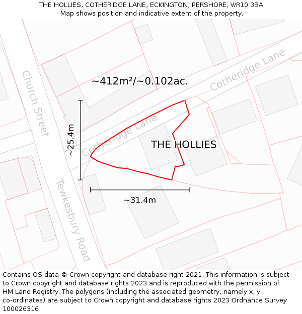 THE HOLLIES, COTHERIDGE LANE, ECKINGTON, PERSHORE, WR10 3BA: Plot and title map