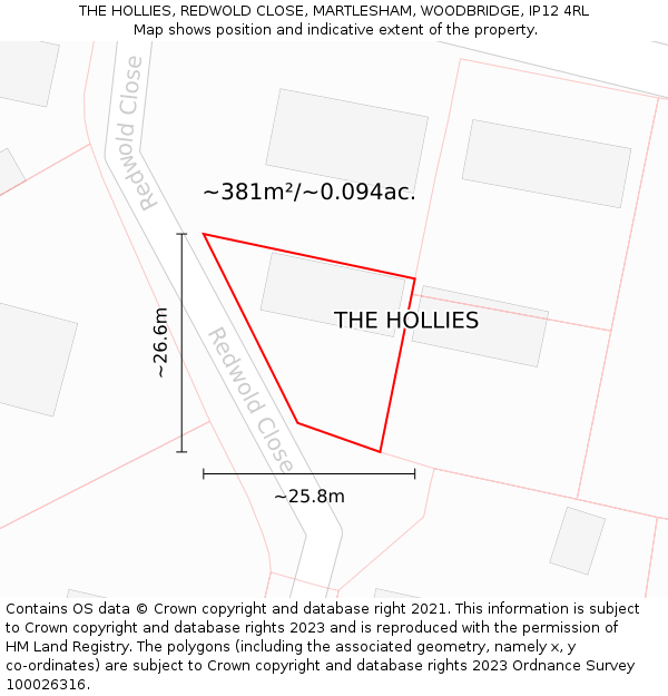 THE HOLLIES, REDWOLD CLOSE, MARTLESHAM, WOODBRIDGE, IP12 4RL: Plot and title map