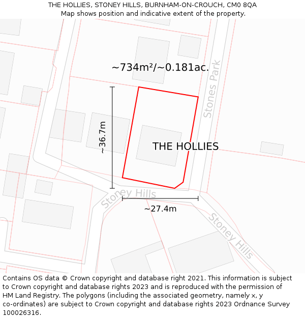 THE HOLLIES, STONEY HILLS, BURNHAM-ON-CROUCH, CM0 8QA: Plot and title map