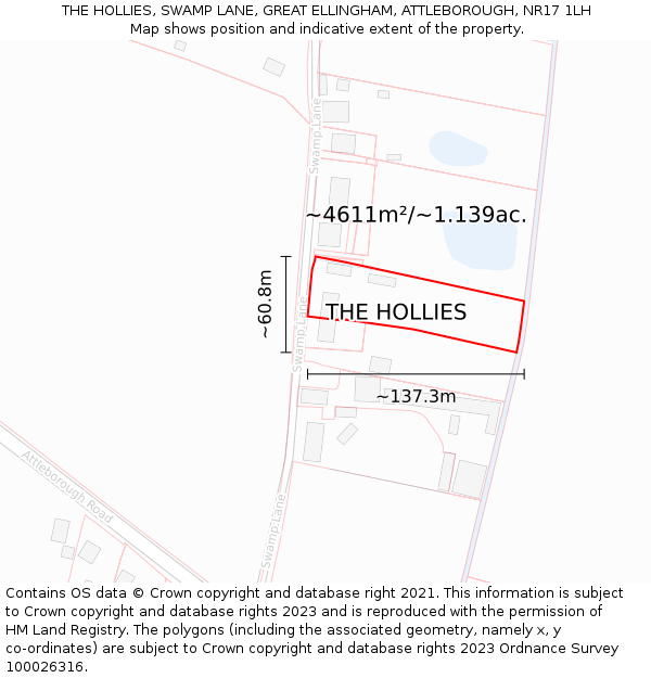 THE HOLLIES, SWAMP LANE, GREAT ELLINGHAM, ATTLEBOROUGH, NR17 1LH: Plot and title map