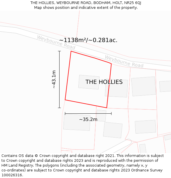 THE HOLLIES, WEYBOURNE ROAD, BODHAM, HOLT, NR25 6QJ: Plot and title map