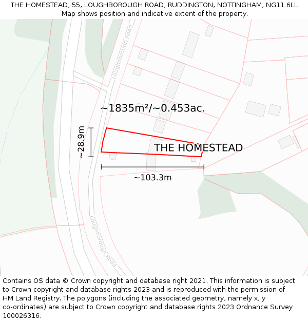 THE HOMESTEAD, 55, LOUGHBOROUGH ROAD, RUDDINGTON, NOTTINGHAM, NG11 6LL: Plot and title map