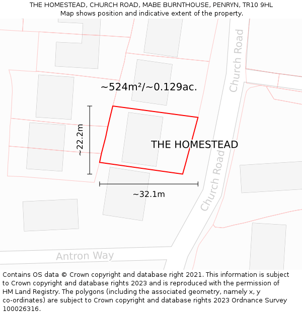 THE HOMESTEAD, CHURCH ROAD, MABE BURNTHOUSE, PENRYN, TR10 9HL: Plot and title map