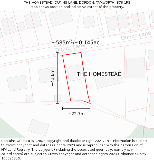 THE HOMESTEAD, DUNNS LANE, DORDON, TAMWORTH, B78 1RS: Plot and title map