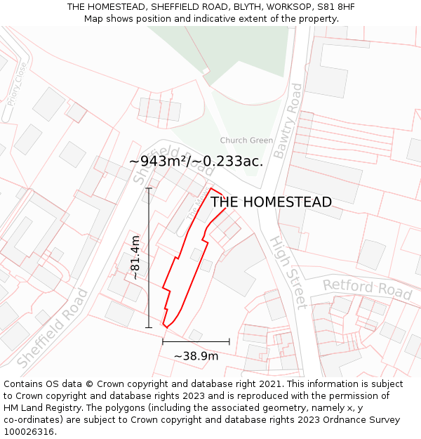 THE HOMESTEAD, SHEFFIELD ROAD, BLYTH, WORKSOP, S81 8HF: Plot and title map