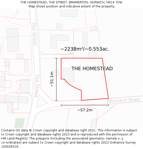 THE HOMESTEAD, THE STREET, BRAMERTON, NORWICH, NR14 7DW: Plot and title map