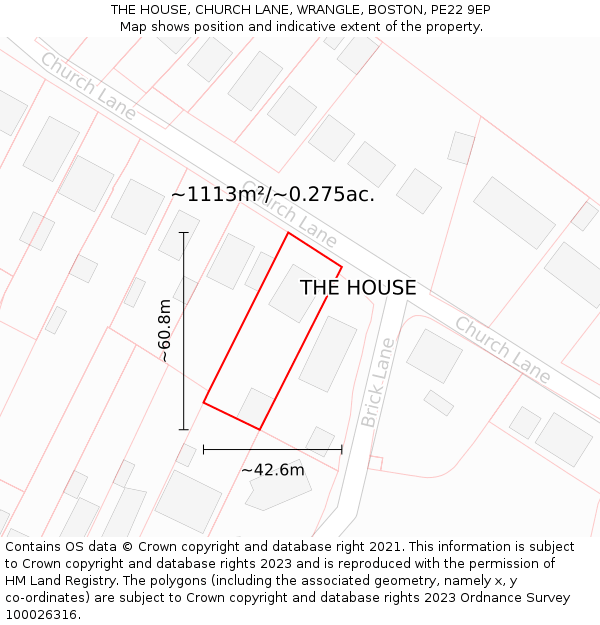 THE HOUSE, CHURCH LANE, WRANGLE, BOSTON, PE22 9EP: Plot and title map