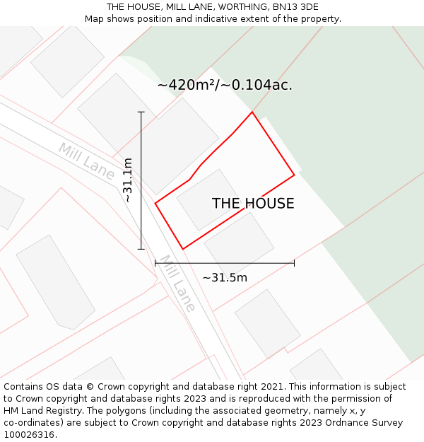 THE HOUSE, MILL LANE, WORTHING, BN13 3DE: Plot and title map