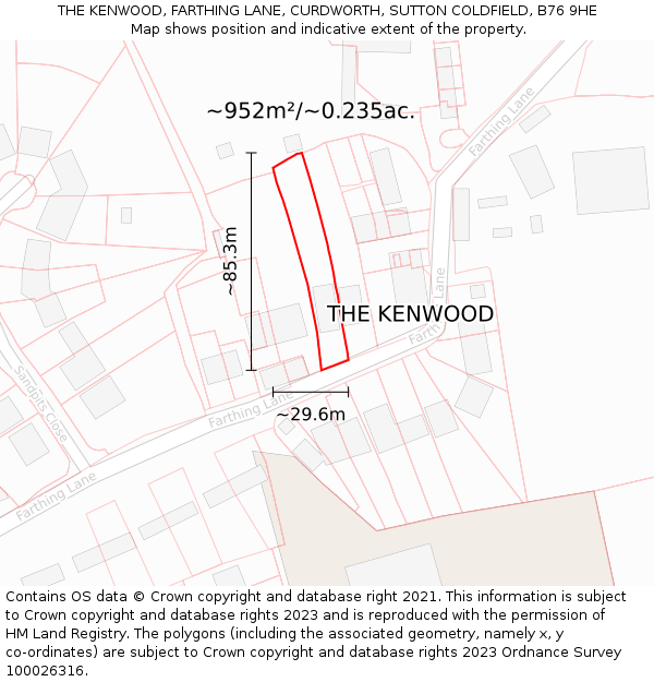 THE KENWOOD, FARTHING LANE, CURDWORTH, SUTTON COLDFIELD, B76 9HE: Plot and title map